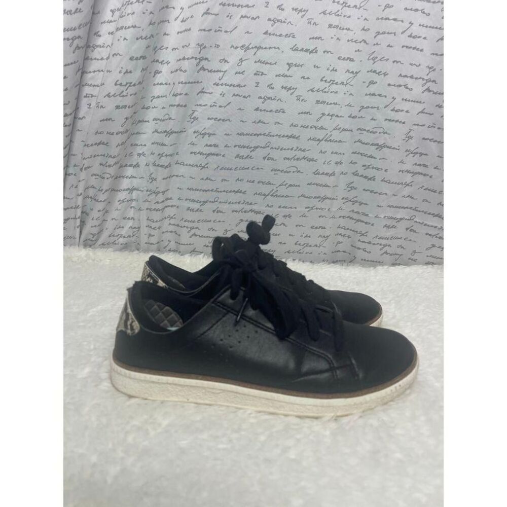 Dr. Scholls Black Leather Sneakers Snakeskin Accent Lace Up Shoes size 7 bin1